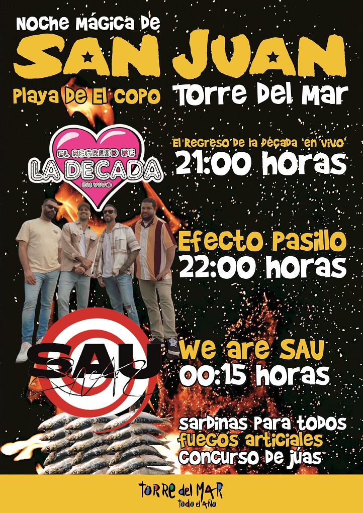 Torre del Mar amenizará la Noche de San Juan con ‘Efecto Pasillo’, ‘El Regreso de La Década’ y We Are Sau